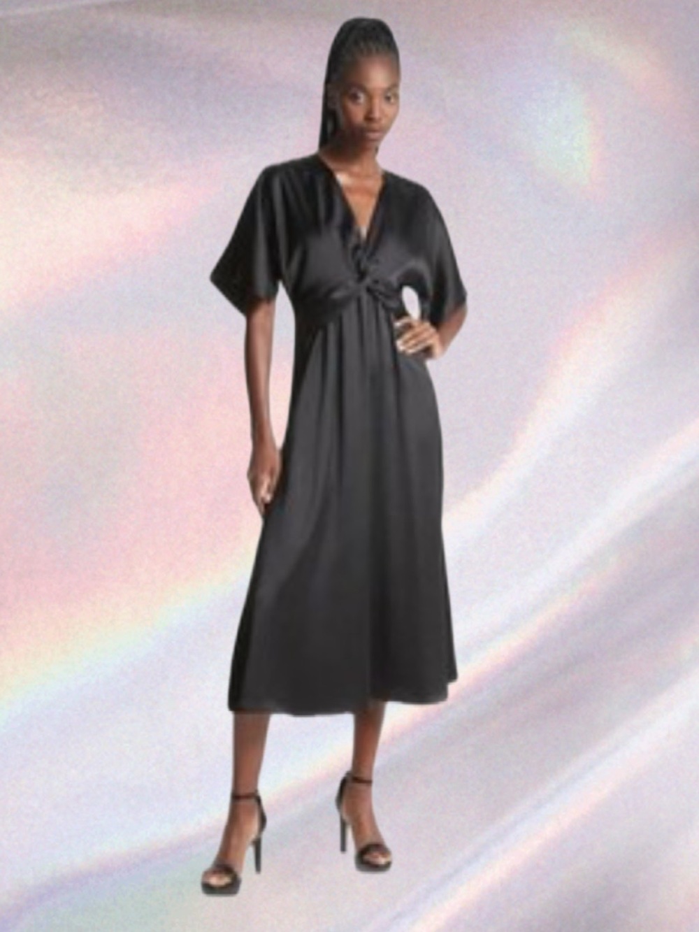 Michael Kors Black Satin Midi Dress with Knot Front